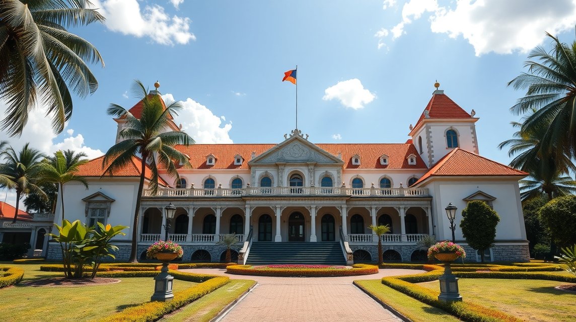 A Kormányzói Palota a Douala-ban, Kamerunban, gyönyörű környezetben.