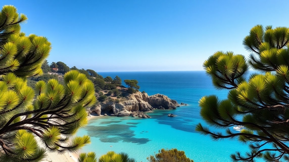 Palombaggia strand türkizkék vize fenyőfákkal körülvéve Korzikán