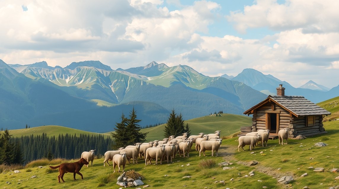 Pásztorkutya és nyáj a hegyekben, természetes tájban