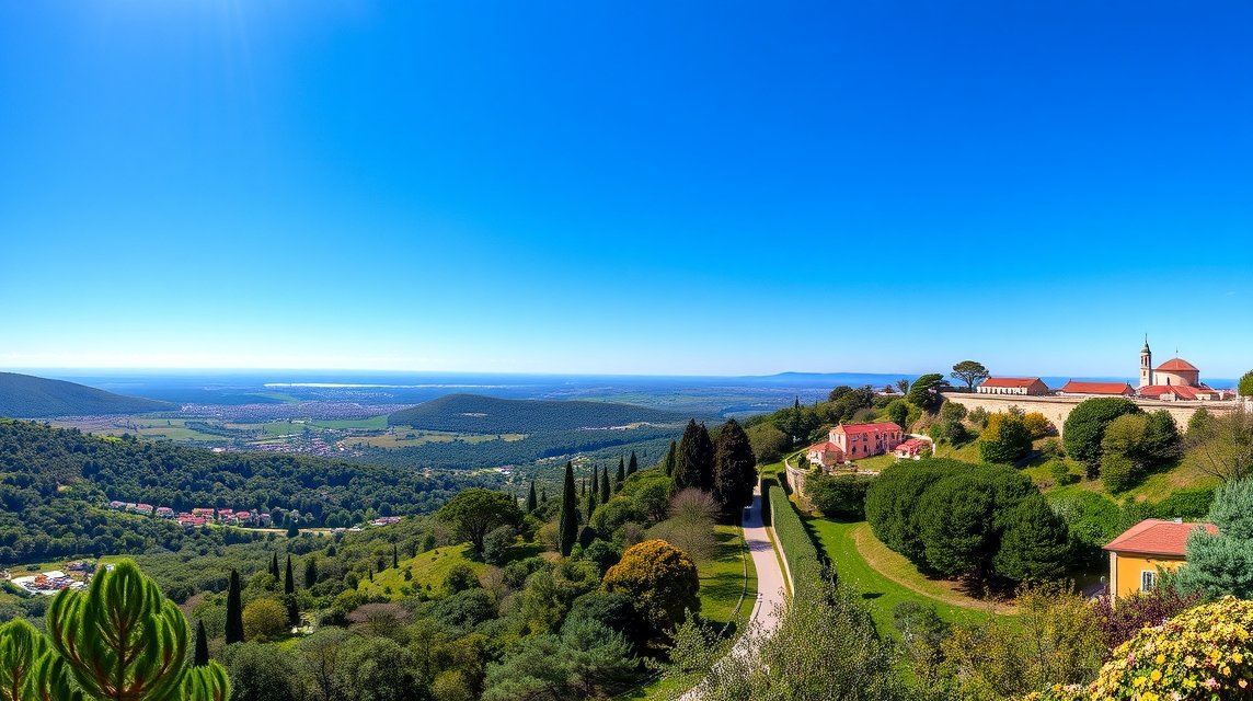 Kilátás a Penedo da Saudade-ból, Coimbra zöld panorámájára.