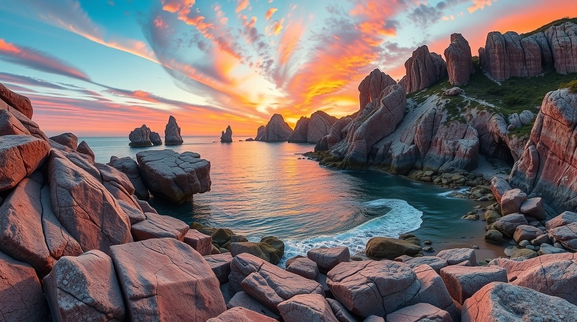 A Perros-Guirec varázslatos rózsaszín gránit sziklaalakzatai naplementében