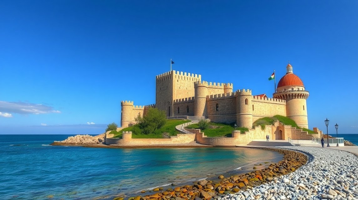 Platamonas középkori vára a tengerparton, türkiz vízzel és kavicsos parttal