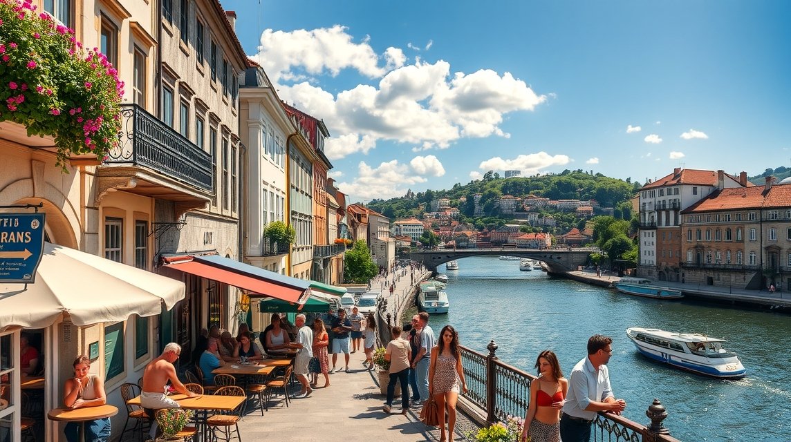 Napsütéses sétány Porto városában, emberek és hajók a folyón