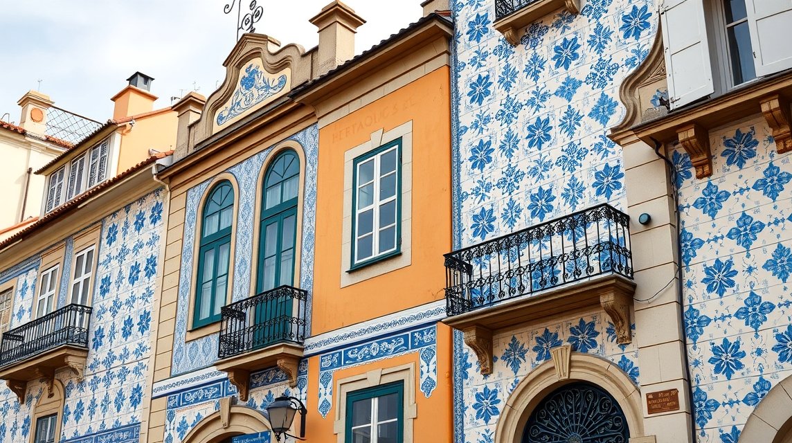 Porto város kék-fehér azulejo csempés épülete