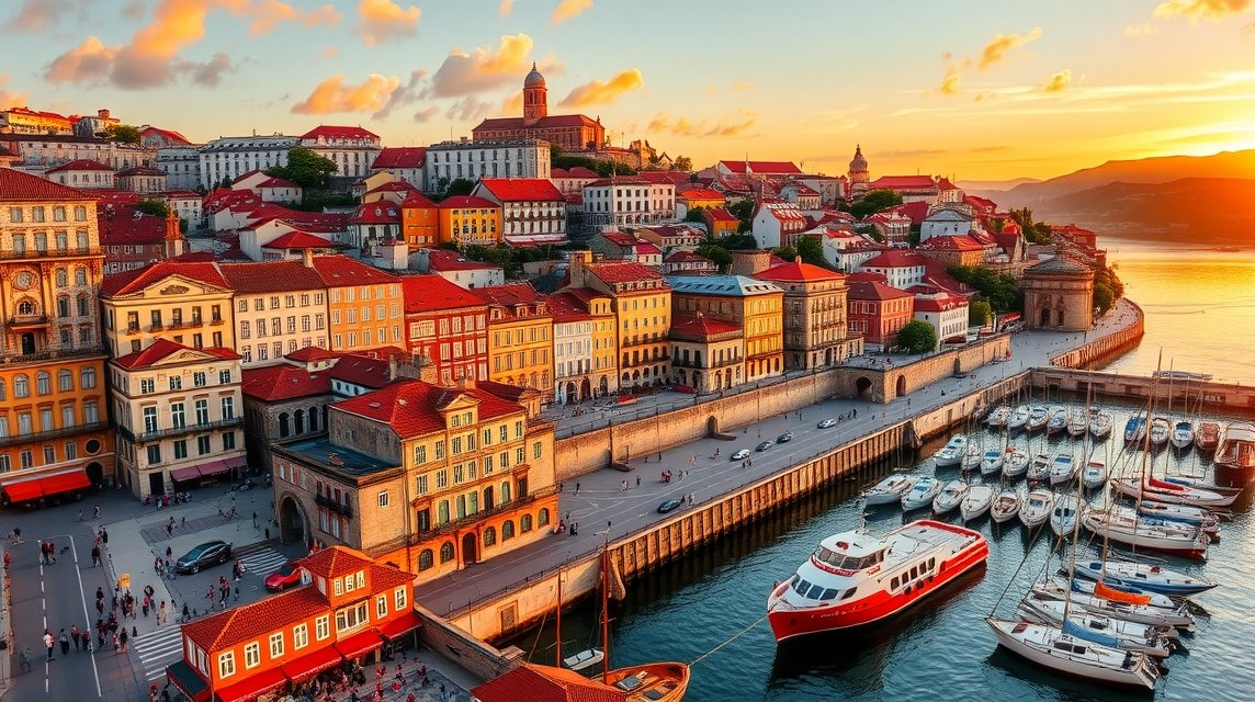 Naplemente a Porto Ribeira negyedében, színes házak a Douro-parton.