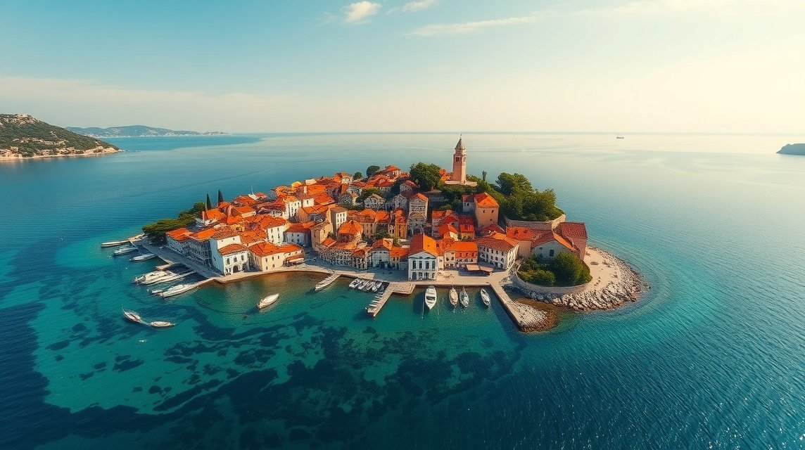 Primošten, festői félszigeti falu Horvátországban, macskaköves utcákkal.