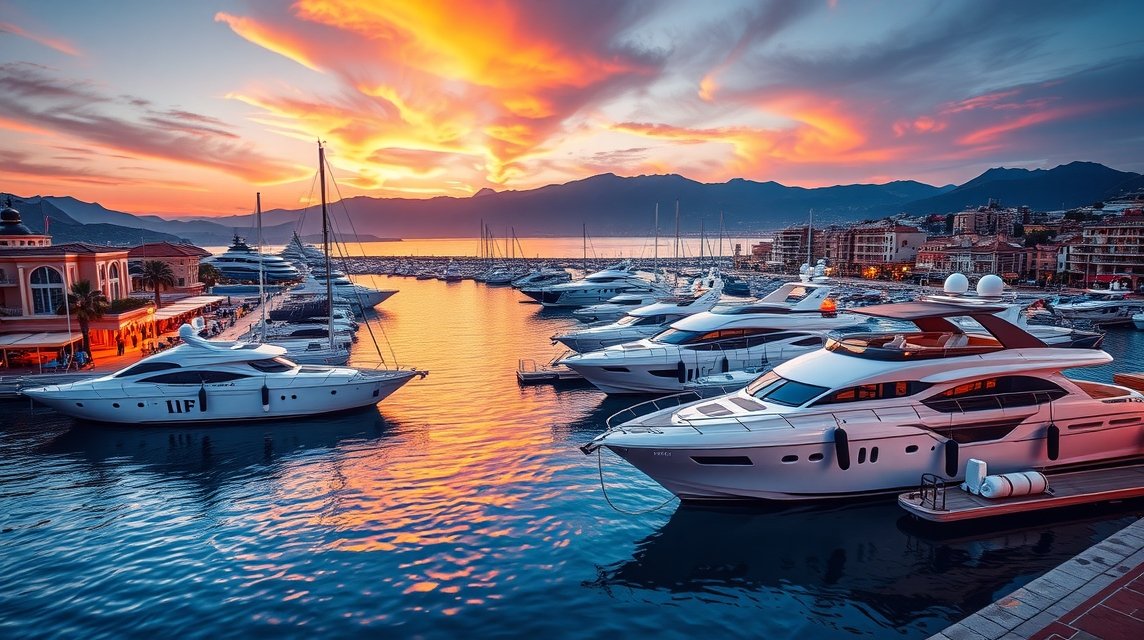 Lenyűgöző naplemente a Puerto Banús kikötőjében luxusjachtokkal.