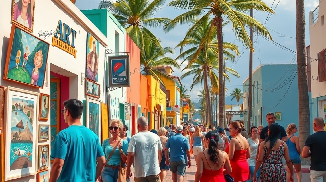 Emberek sétálnak Puerto Vallarta művészeti utcájában, művészeti galériák között.