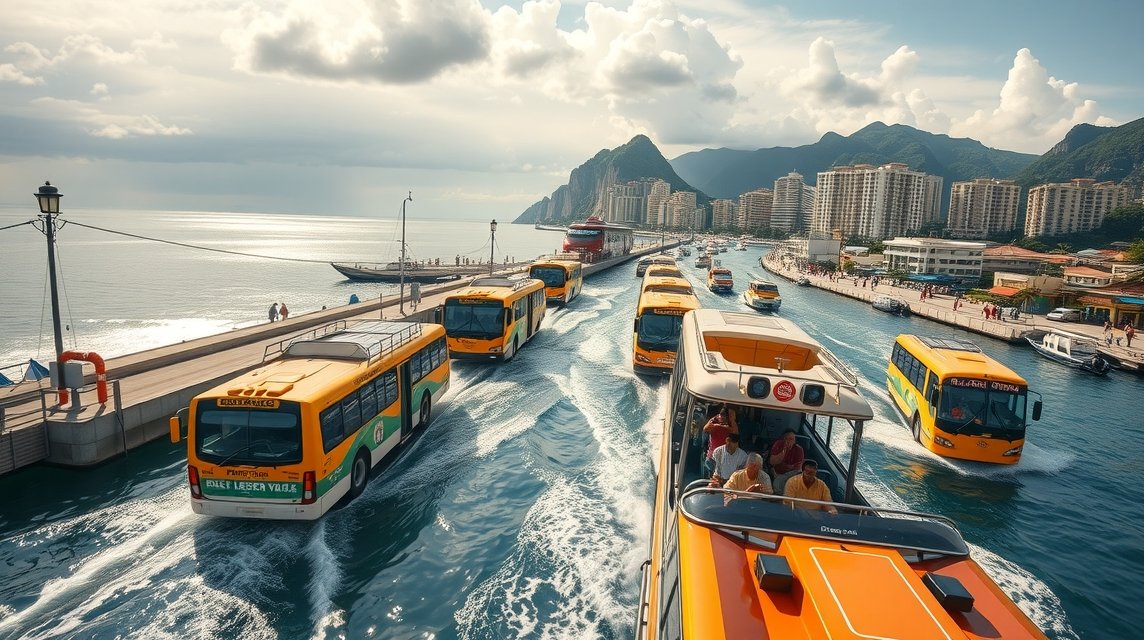 Puerto Vallarta helyi buszok és vízi taxik a vízen