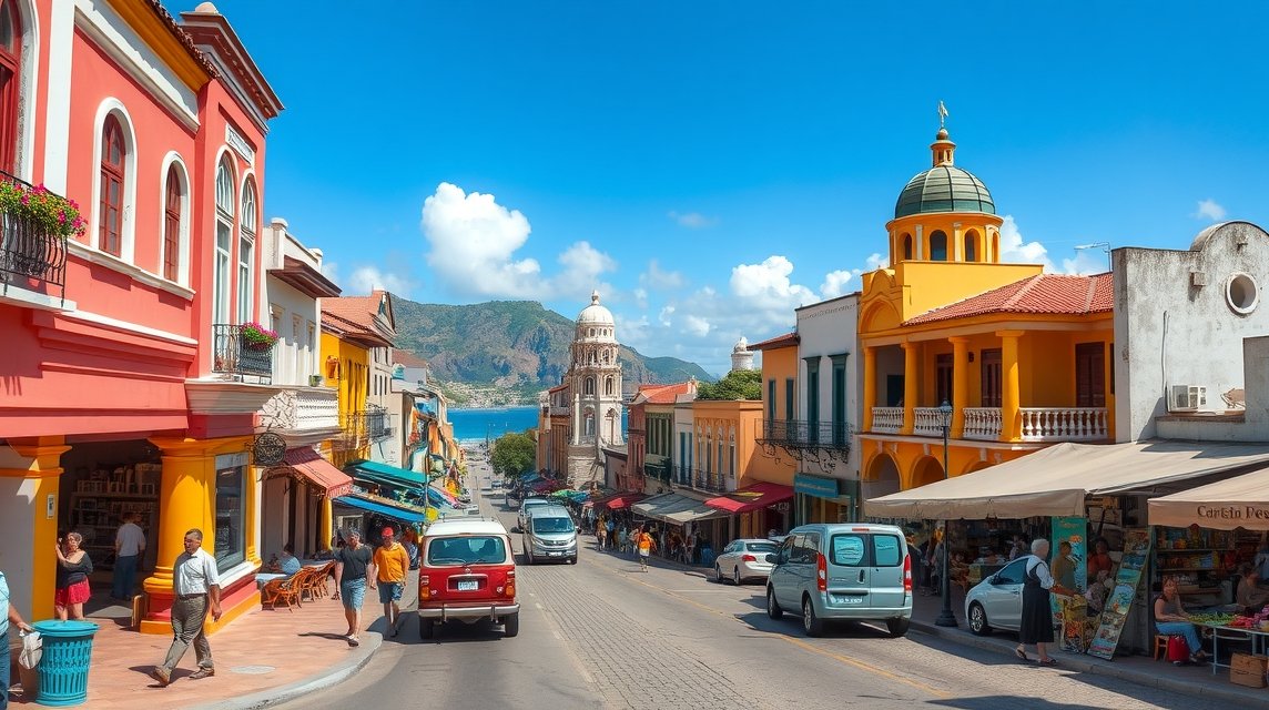 Puerto Vallarta öreg városának macskaköves utcái és színes épületei