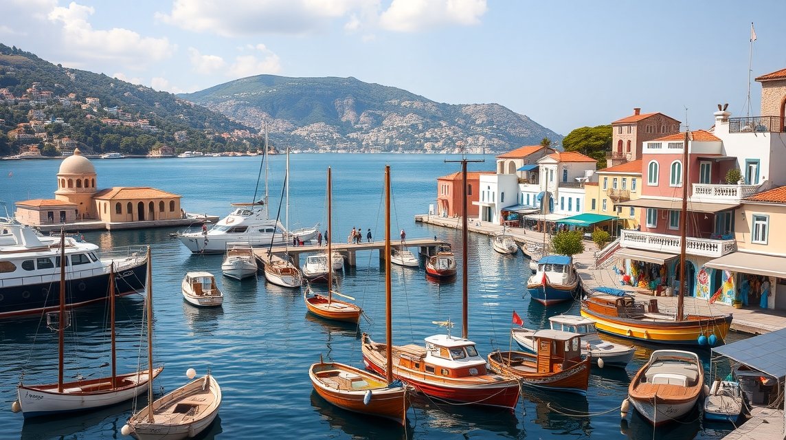 Pythagoreio kikötője, Samos: gyönyörű táj és halászbárkák.