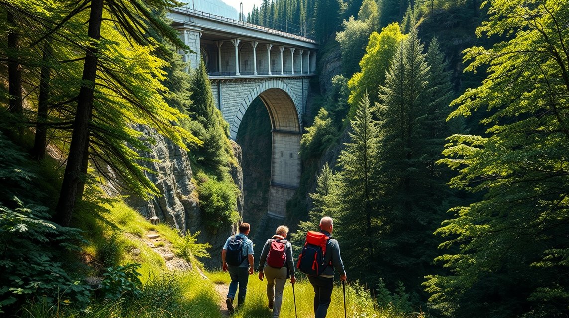 Túrázók a Ravennaschlucht viaduktja alatt a Fekete-erdőben