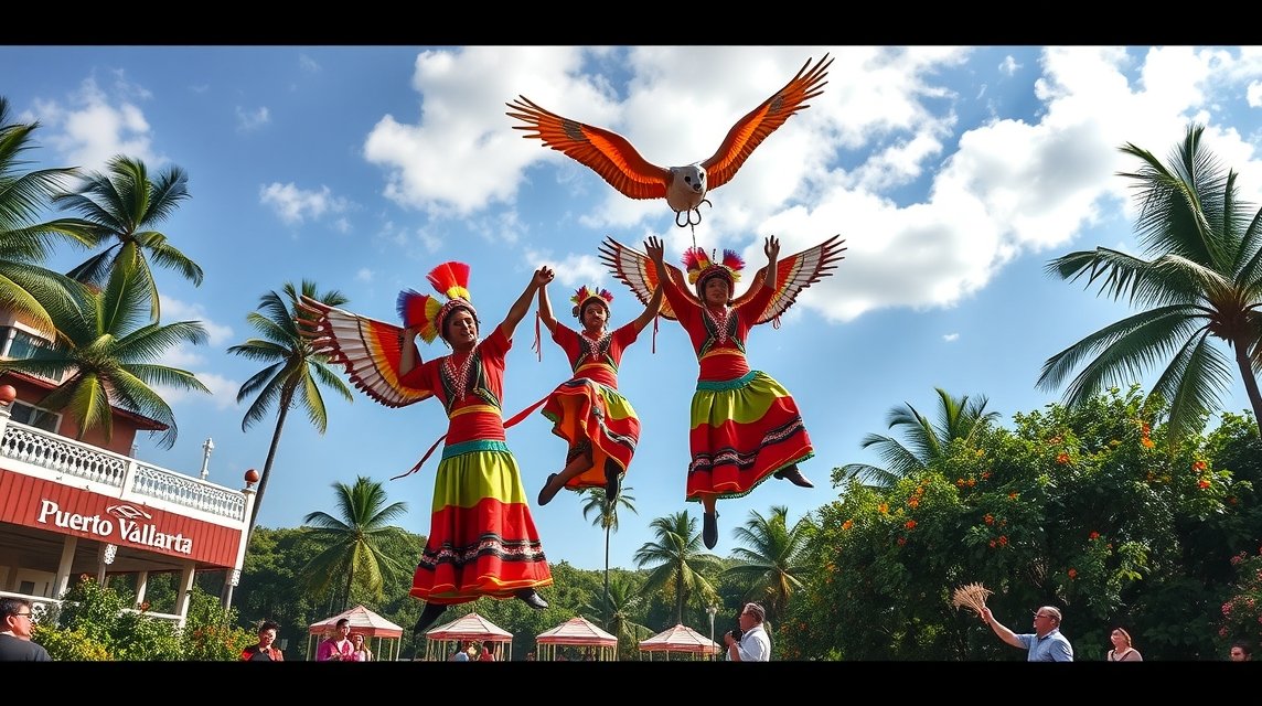 Voladores de Papantla show at Puerto Vallarta featuring traditional dancers