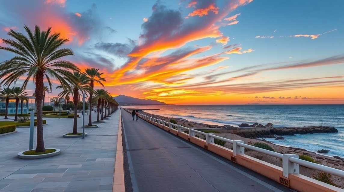 Naplemente Roquetas de Mar tengerparti sétányán pálmafákkal.