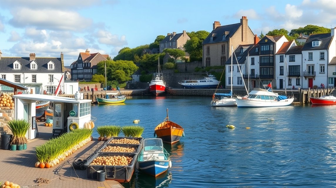 A Roscoff kikötője, friss hagymák és csónakok a vízen.