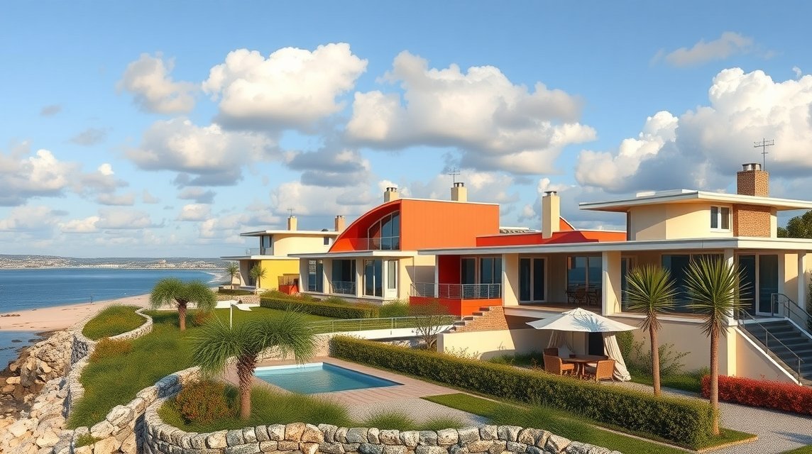 Modernista házak a Royan-i torkolat mellett, napfényes tengerre néző kilátással.