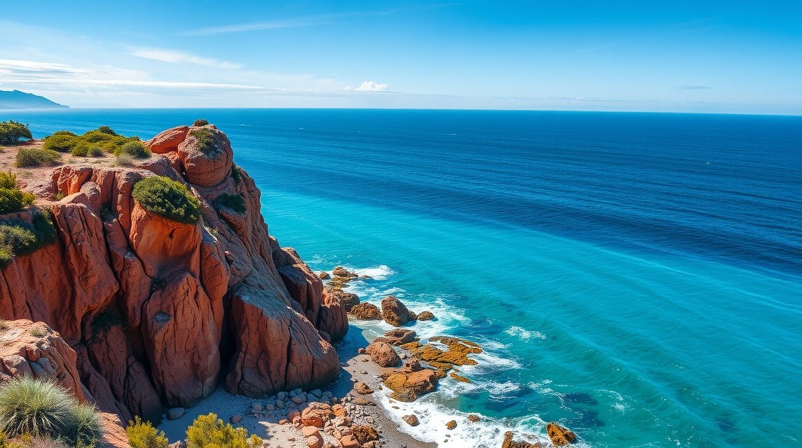 Esterel-hegység vörös sziklája a kék tengertérseknél Saint-Raphaëlban.