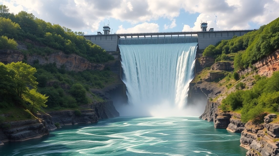 Sanaga-vízesés és gát lenyűgöző látképe Kamerunban.