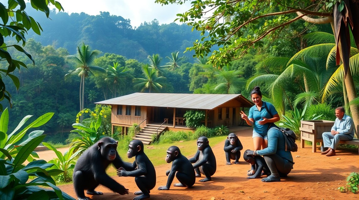 Csimpánzok a Sanaga-Yong Csimpánzmentő Központban, Bélabo közelében.