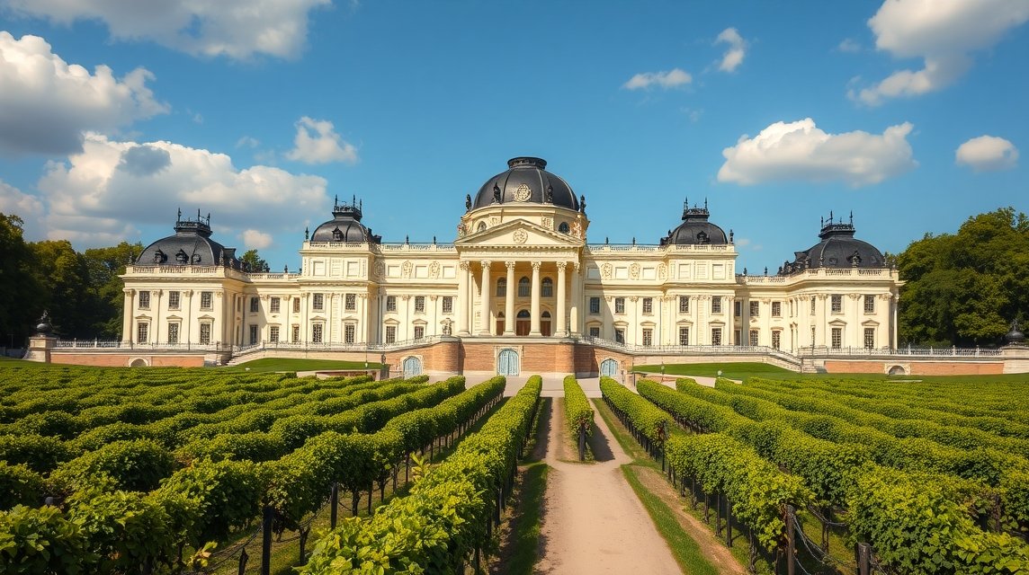A Sanssouci kastély és lépcsőzetes szőlőkertek Potsdamban.