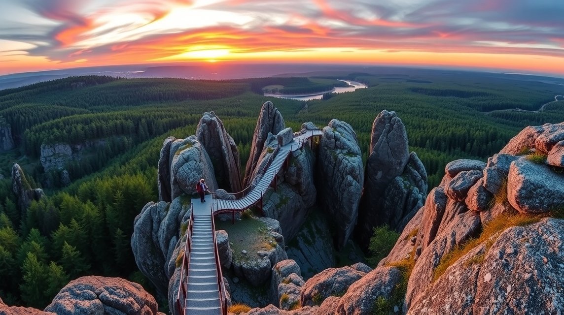 Létrás szikláknál álló emberek csodálják a naplementét a Schrammsteinben.