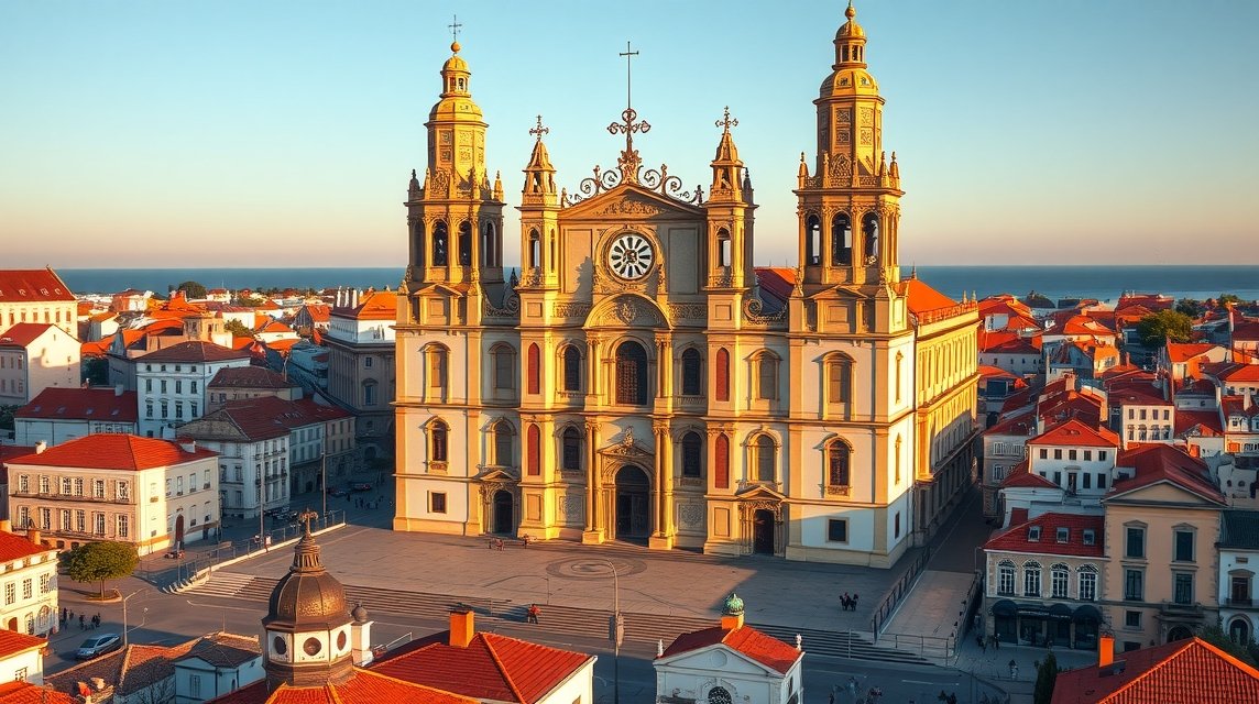 A Sé de Aveiro katedrális barokk építészete és panorámás kilátás.