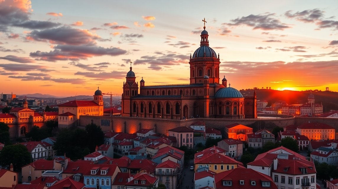 A Sé do Porto erődítménye naplementében Portóban