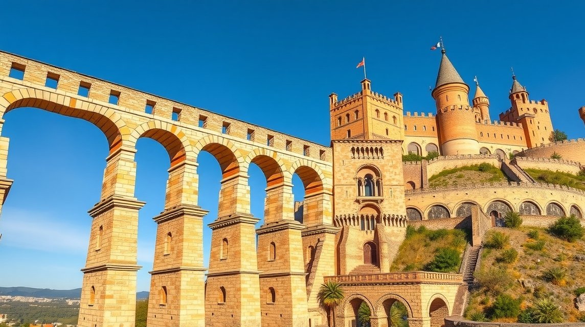 Római vízvezeték és Alcázar kastély Segoviában, Spanyolországban.