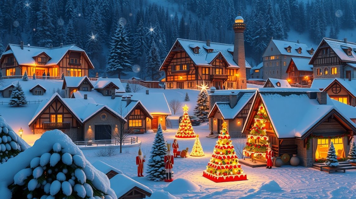 Seiffen hóval borított falu karácsonyi világításban