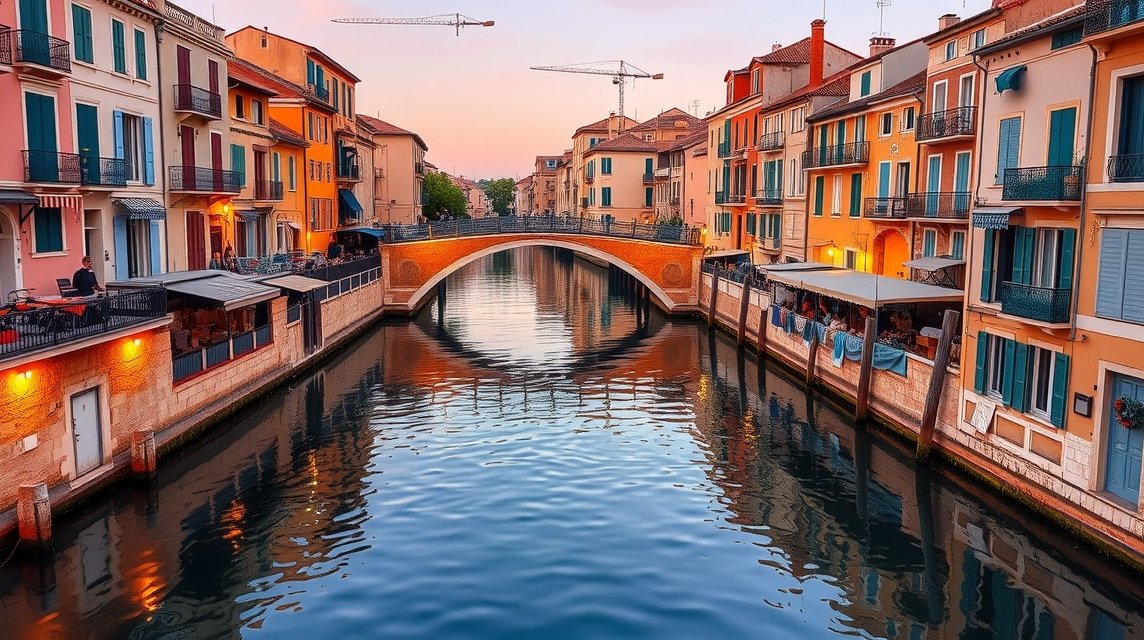 Csatorna és híd Sète városában, színes épületekkel a vízparton.