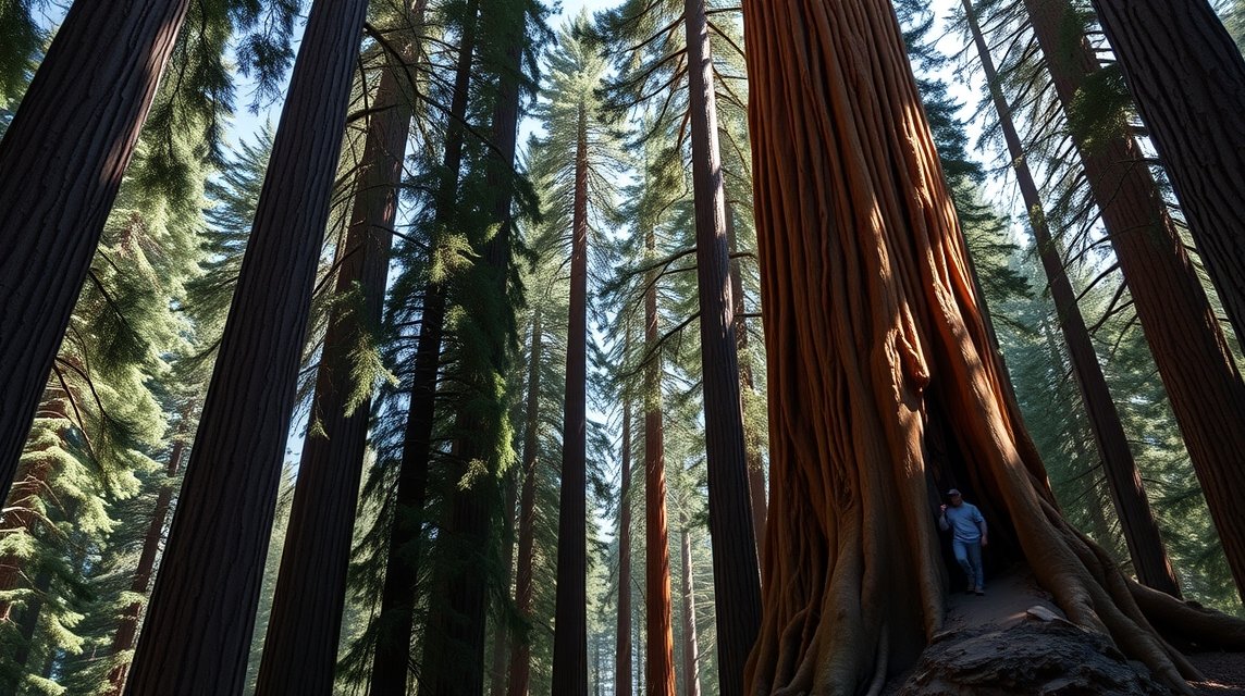 Sherman tábornok fája a Sequoia Nemzeti Parkban, óriásfák között.
