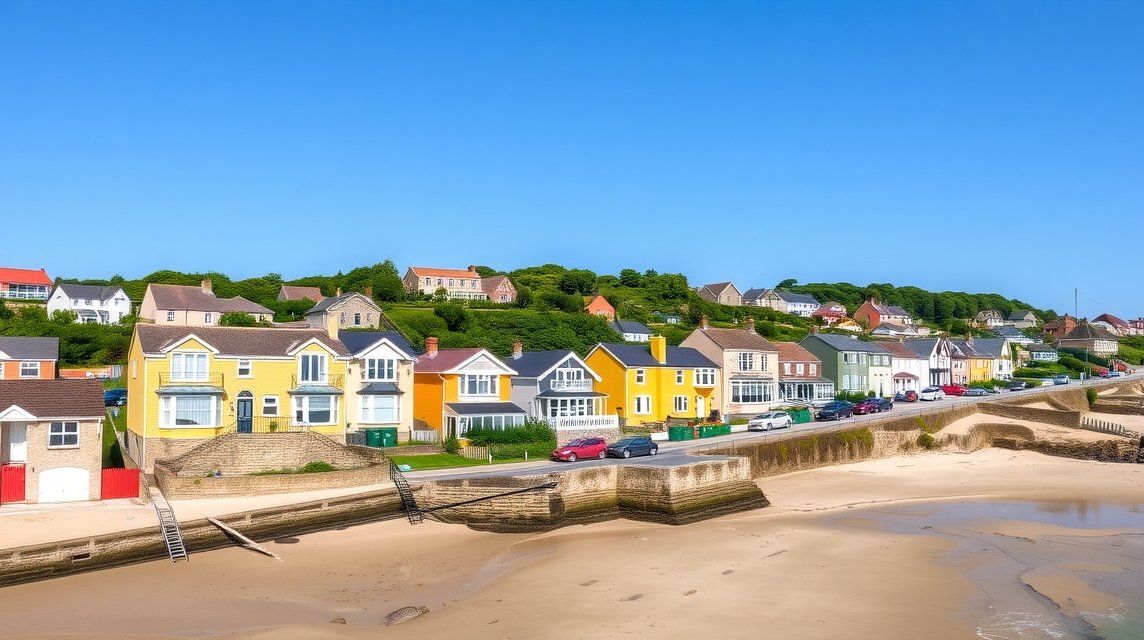 Sárga házak fehér szegéllyel a tengerparton Skagen stílusban