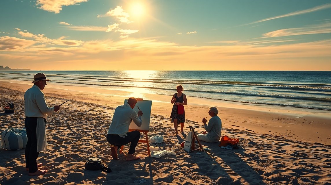 Művészek festenek a Skagen tengerpartján a lenyugvó nap fényében.
