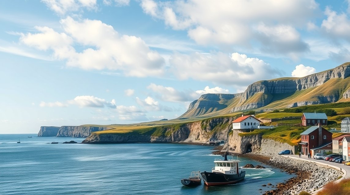 Gyönyörű táj Skagen közelében hajókkal és házakkal