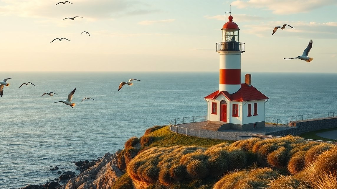 Skageni Szürke Világítótorony madarakkal a tengerparton