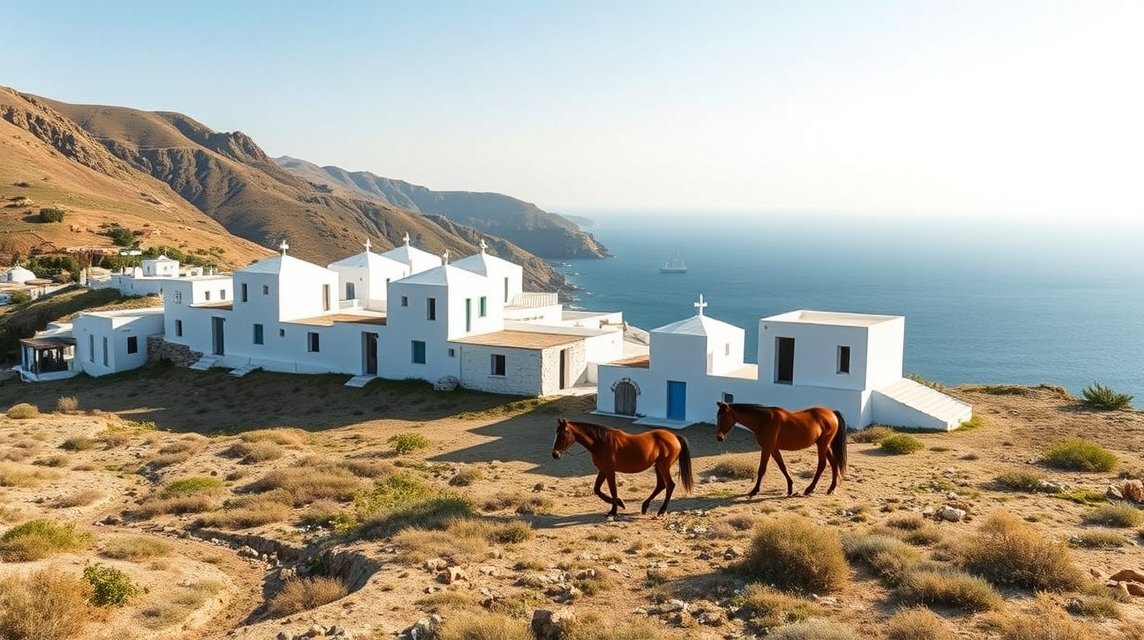 Vadlovakok a hagyományos fehér kockaházak előtt Skyros szigetén