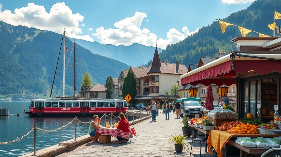 Svájc gyönyörű városi tájnak szegélyezett vízparti sétány.