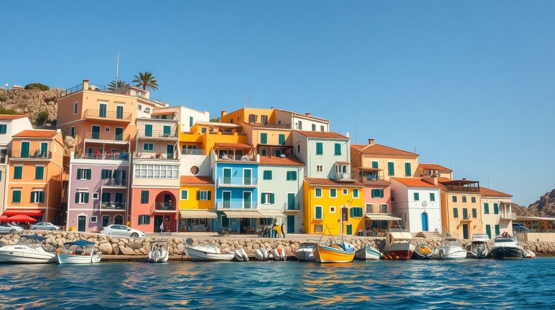 Színes házak a Simik szigetén Rodoszon, - ékkövek a tengerparton