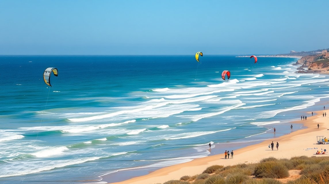 Sárkányrepülők a Tarifa partján, Földközi-tenger és Atlanti-óceán találkozásánál.