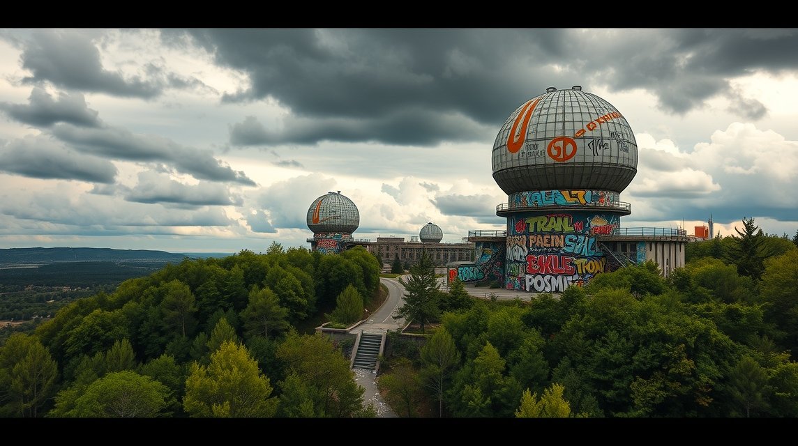 Teufelsberg Berlin elhagyatott kémállomás színes graffitivel