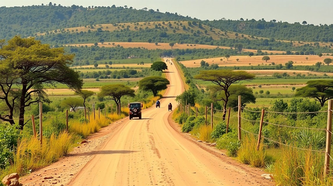 Poros földút Tibatiból Ngaoundéré felé, gyönyörű tájjal.