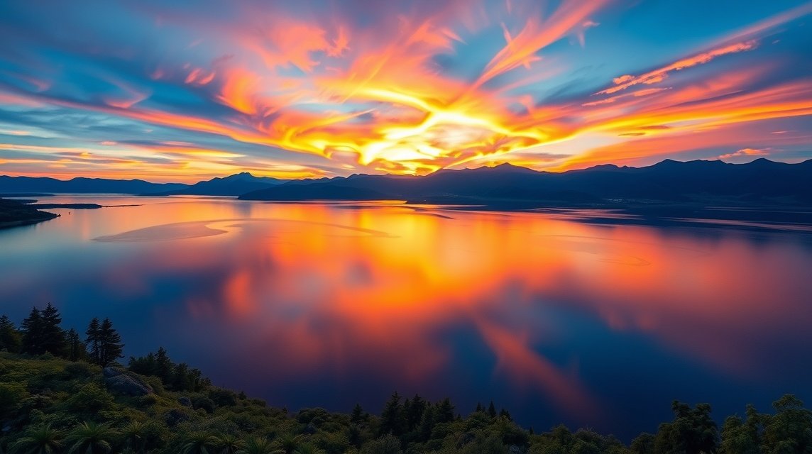 Naplemente a Tibati tónál, élénk színek és tükröződő víz