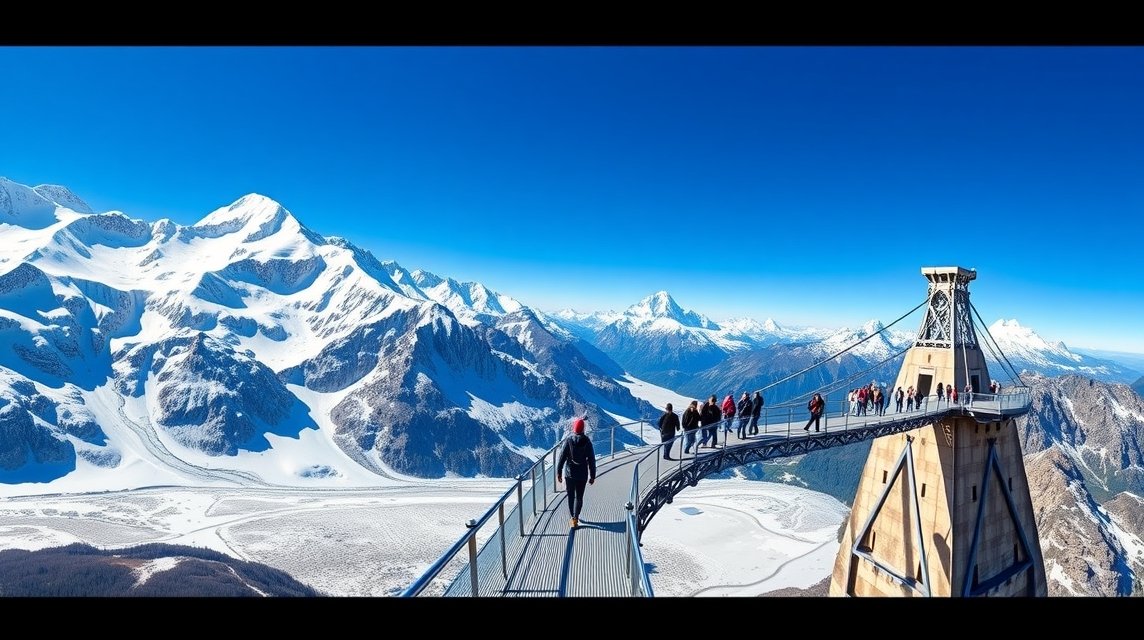 Séta a Titlis-gleccser függőhídján, lélegzetelállító alpesi kilátással.