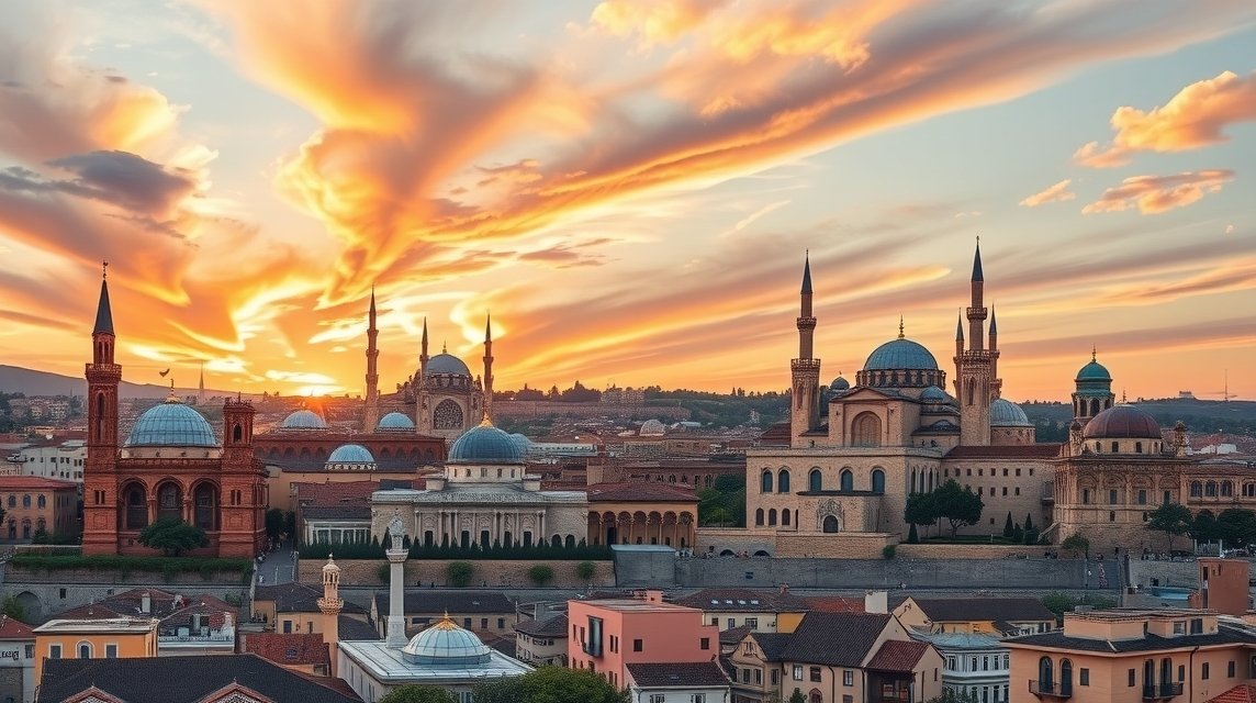 Toledo történelmi épületei naplementében, zsinagógák és mecsetek