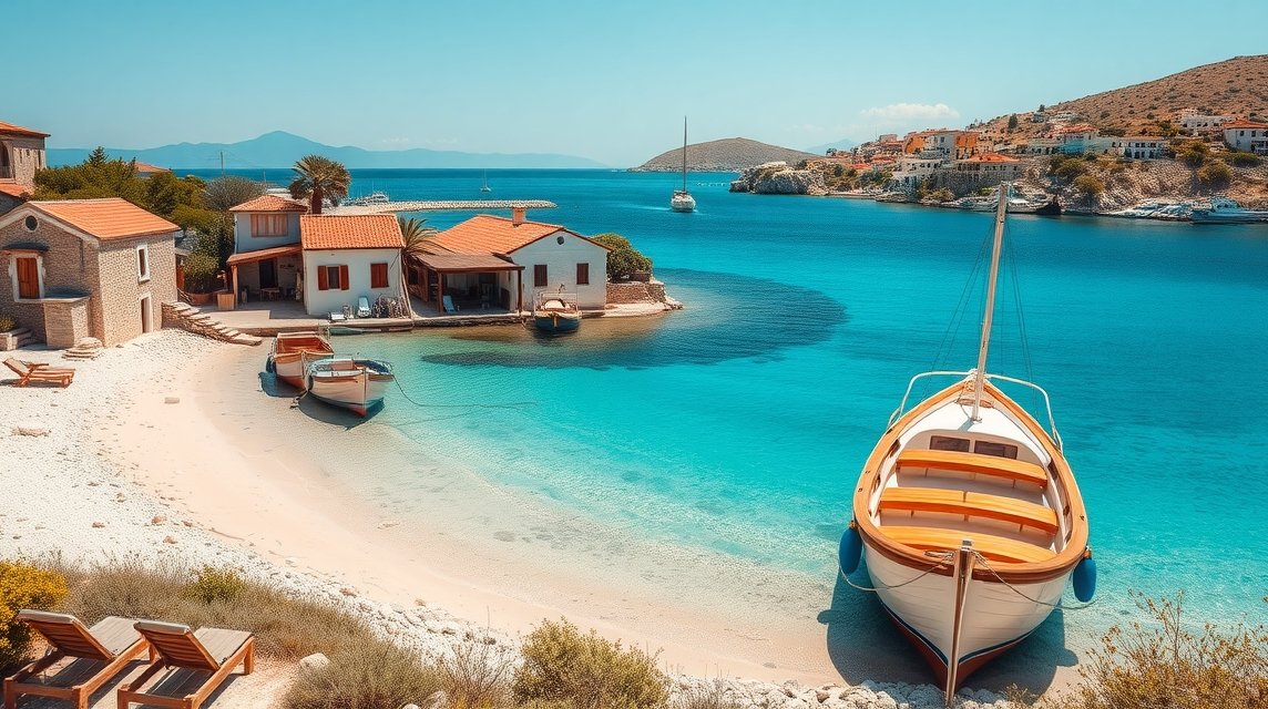 Homokos öböl Tolo városában hajókkal és kristálytiszta vízben.