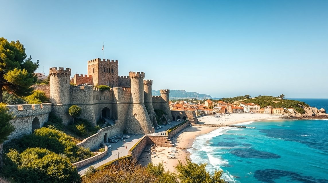 Középkori várfalak Tossa de Mar partján, kristálytiszta víz mellett.