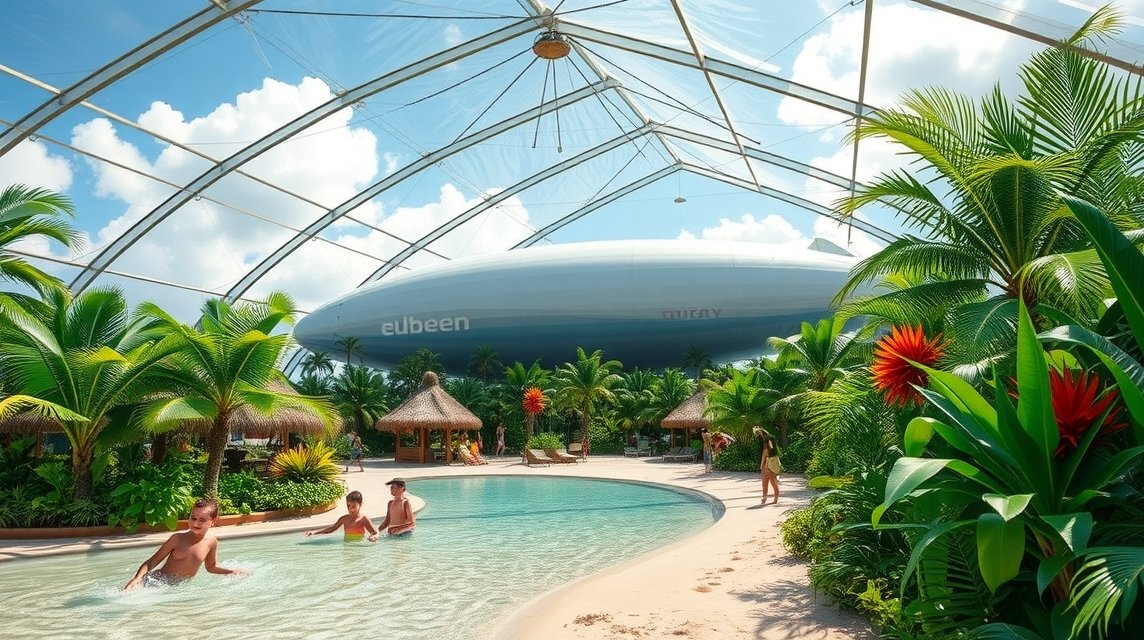 Beltéri trópusi tengerpart Berlin közelében léghajóhangárban