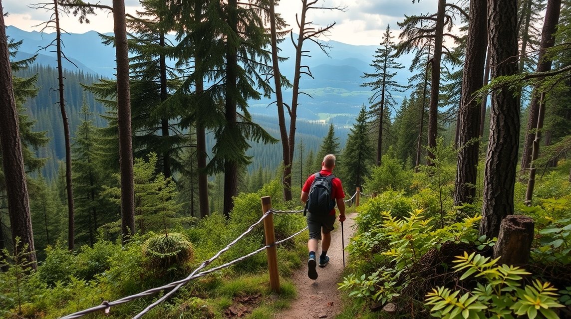 Férfi túrázik a Kárpátok erdőjében, Erdélyben.