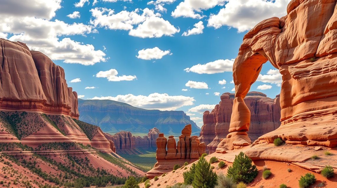 Vörös sziklák és természetes ívek a Utah-i tájban