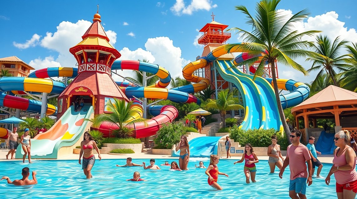 Ventura Park vízi és vidámpark Cancúnban, izgalmas csúszdákkal és pihenőhelyekkel.